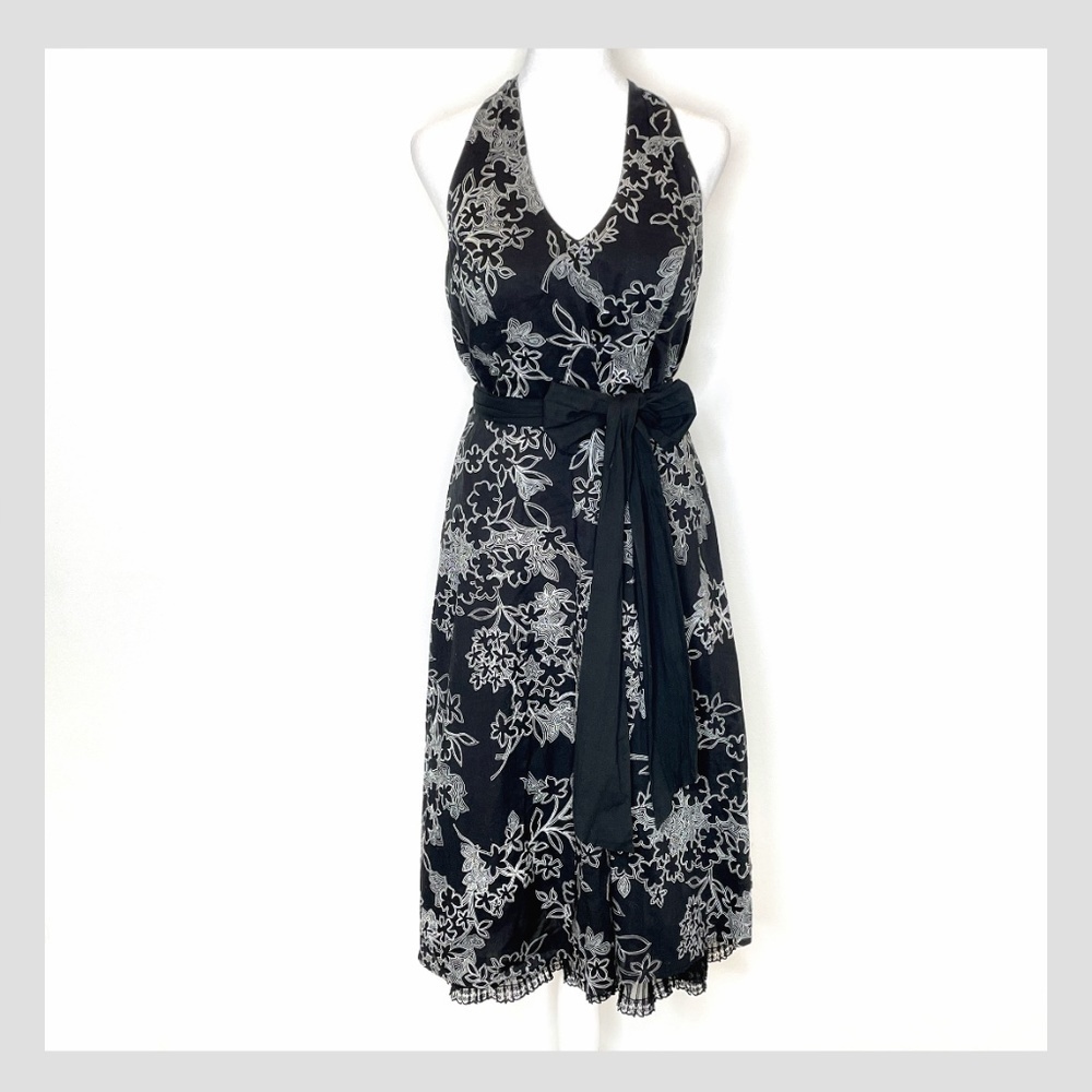 AGB Pin Up Style Fit and Flare Tulle Dress Belted Halter Top Cotton Black Floral